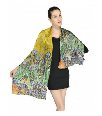 Women Luxurious Charmeuse Silk Van Gogh's "Irises" Beautiful Long Scarf - Yellow - C7122F056NF