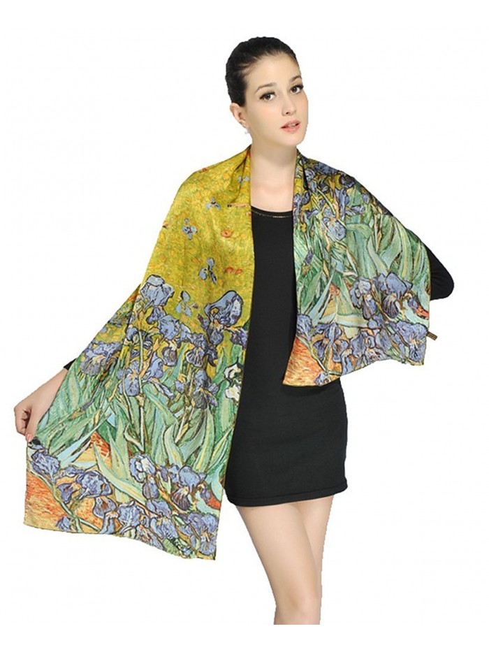 Women Luxurious Charmeuse Silk Van Gogh's "Irises" Beautiful Long Scarf - Yellow - C7122F056NF