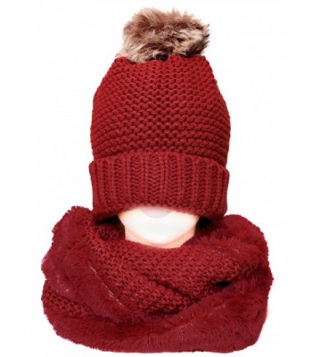 KMystic Thick Winter Slouch Hat and Infinity Scarf Set - Fur Pom Red - C3187409GKK