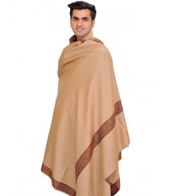 Exotic India Plain Men's Shawl with Brown Woven Border - Rugby Tan - CK126LALZO3