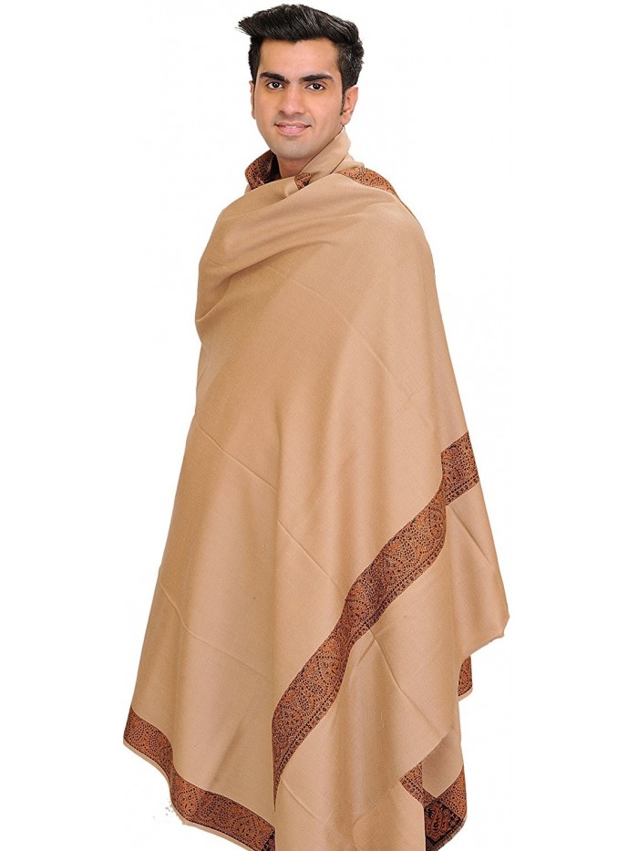 Exotic India Plain Men's Shawl with Brown Woven Border - Rugby Tan - CK126LALZO3