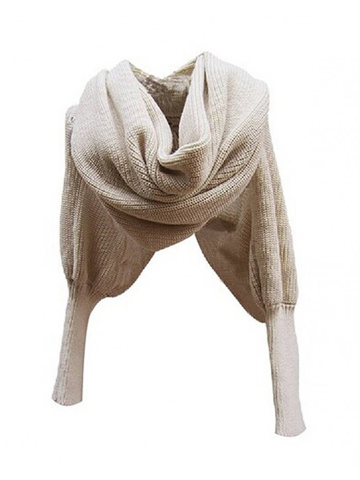 Losuya Women Solid Scarf with Sleeves Crochet Knit Long Soft Wrap Shawl Scarves (Beige) - CP11RNP40C1