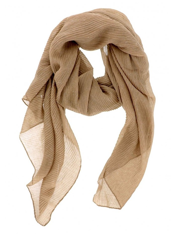 Ribbed Texture Ruched Pleated Glitter Accented Long Scarf Wrap - Khaki - CI12NT7Y0AN