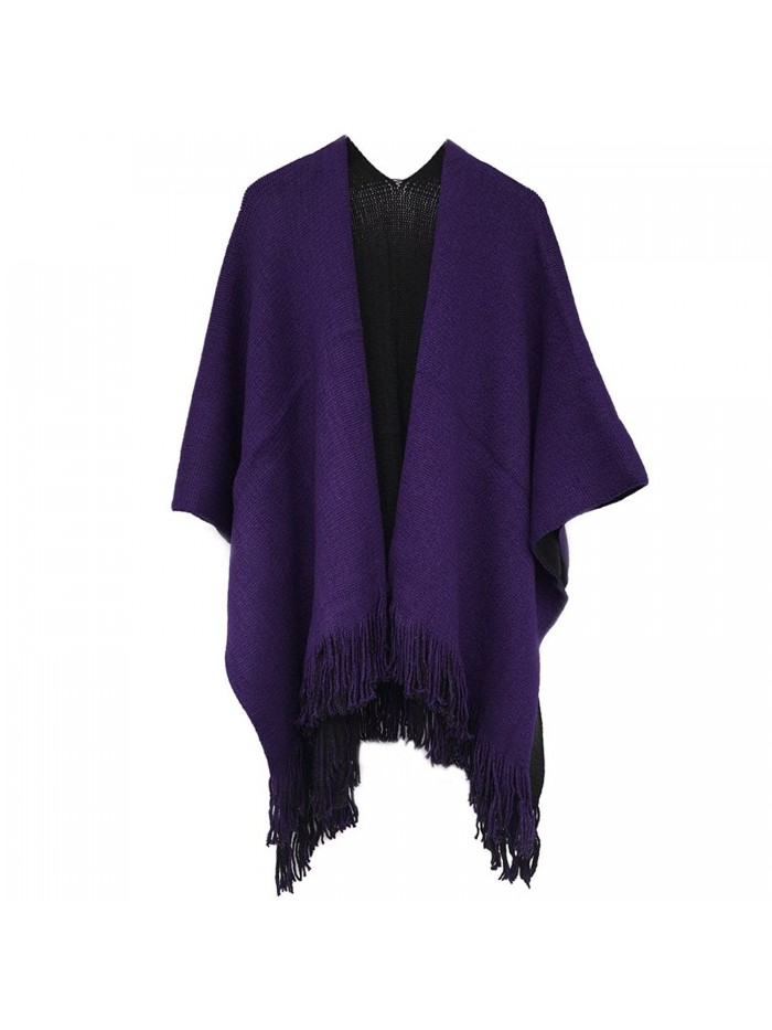 Kocome Women Blanket Oversized Scarf Wrap Long Knit Shawl Poncho Tassel Fringe - Black+purple - CE12O2RGRED