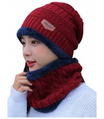 Zoulee Women's and Men's Winter Velvet Thick Knitted Cap With Bib Outdoor Warm Two-piece Suit - Women's Red - CW189K3RHRN