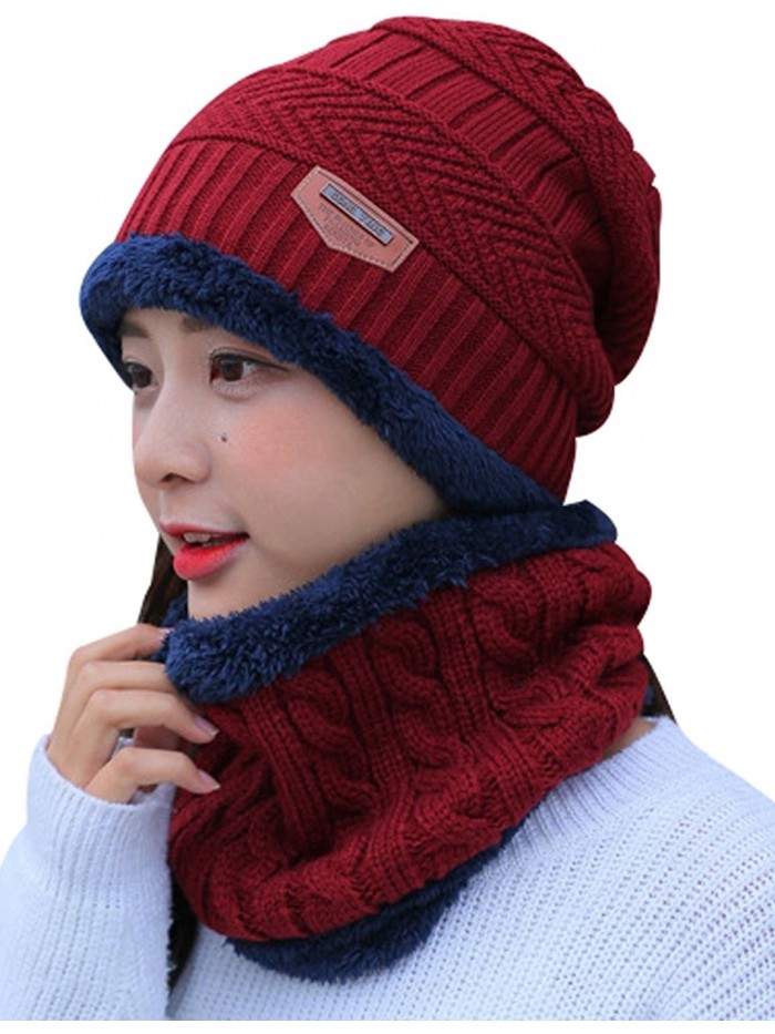 Zoulee Women's and Men's Winter Velvet Thick Knitted Cap With Bib Outdoor Warm Two-piece Suit - Women's Red - CW189K3RHRN