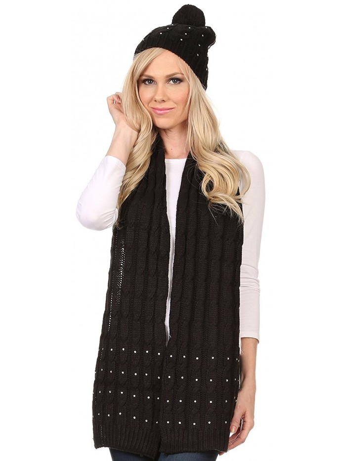 Sakkas Kae Jewel Studded Cable Knit Beanie Hat And Scarf Set - Black - C81276OYX7P