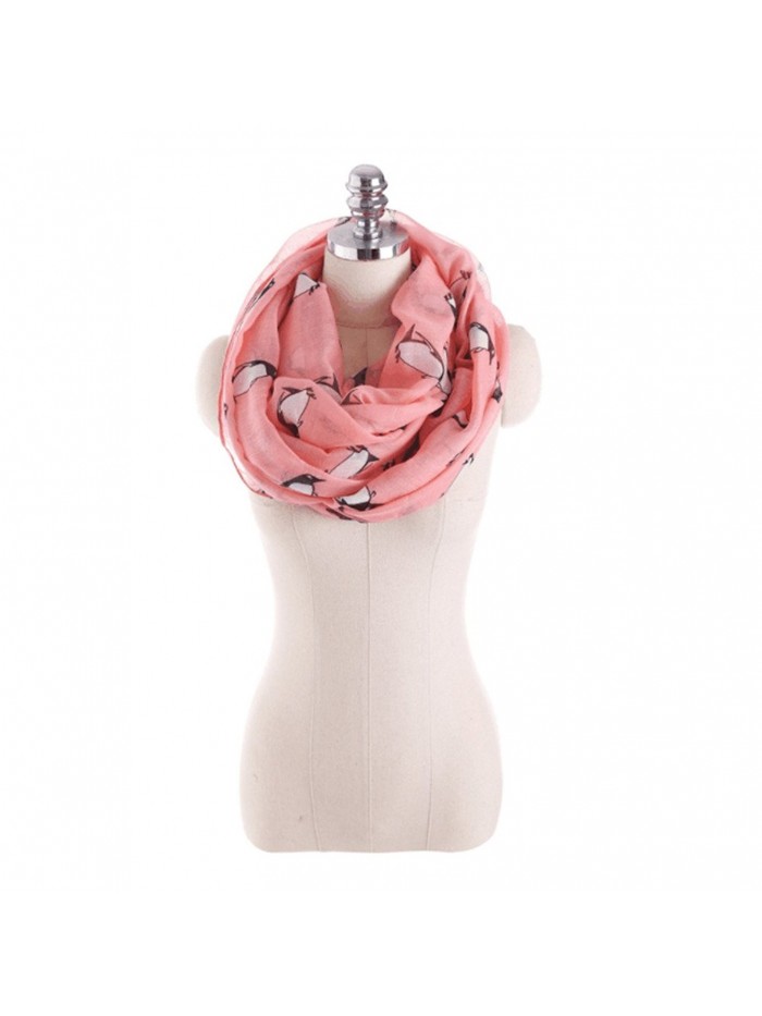 Women Cozy Soft Collar Infinity Scarf Penguin Pattern Sheer Wrap Silk Neck Warmers - Pink - CT187IMZZEM