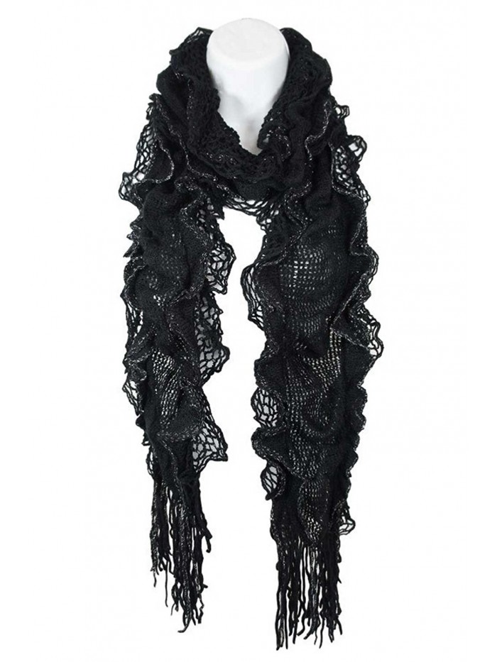 Aesthetinc Classic Solid Color Metallic Thread Ruffle Fringe Knit Scarf - Black 1 - CU12NTOT6R2