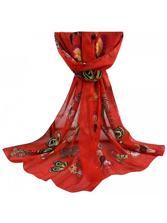 Leewa New Trendy ! Women Long Shawl Chiffon Butterfly Print Scarf - Red - CE12OHZL9KO