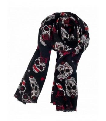 Roswear Women's Pure Wool Sugar Skull Print Super Soft Long Scarf Shawl - Black - C4128A5SQ3P