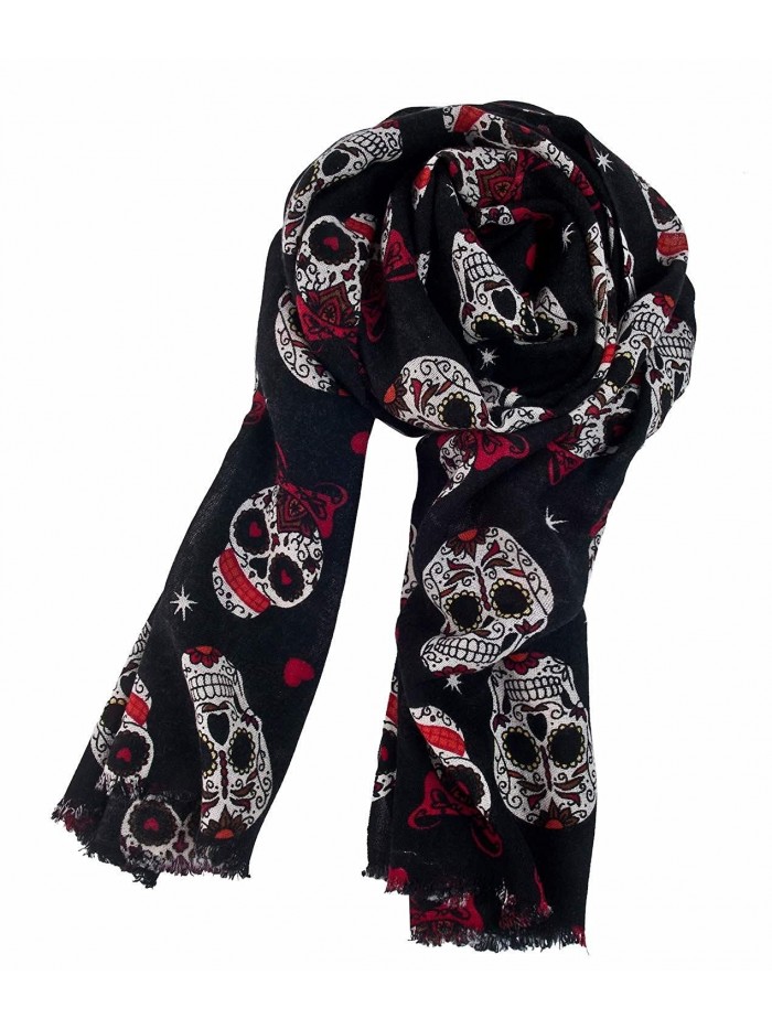 Roswear Women's Pure Wool Sugar Skull Print Super Soft Long Scarf Shawl - Black - C4128A5SQ3P