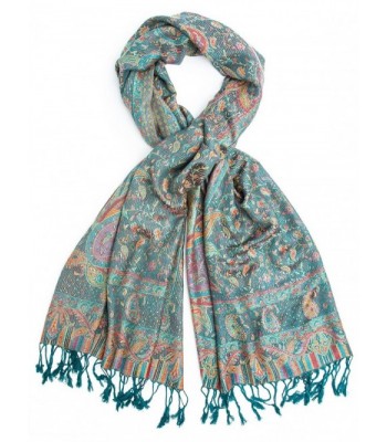 Bohomonde-Tiaja Scarf- Pashmina Indian Paisley Traditional Jacquard Scarf - hand made in India - Teal - C41293ZVWYR