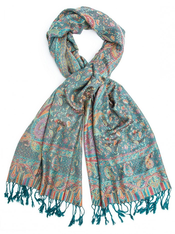 Bohomonde-Tiaja Scarf- Pashmina Indian Paisley Traditional Jacquard Scarf - hand made in India - Teal - C41293ZVWYR