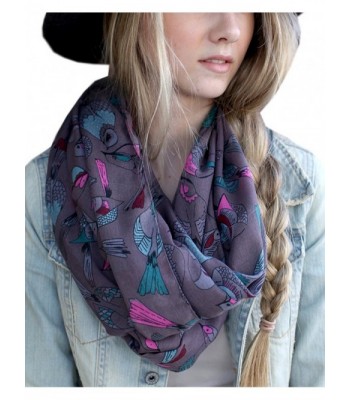 Anika Dali Women's Boho Chic Birds and Floral Infinity Scarf- Loop Shawl - Tweet Bird (Grey / Pink) - CH11LTOLZBV