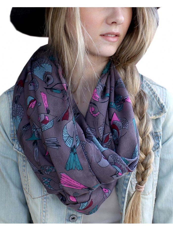 Anika Dali Women's Boho Chic Birds and Floral Infinity Scarf- Loop Shawl - Tweet Bird (Grey / Pink) - CH11LTOLZBV