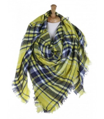 Plum Feathers Premium Plaid Pattern Knit Large Blanket Scarf with Fringes - Yellow Tartan Plaid - CO188OT5GC0