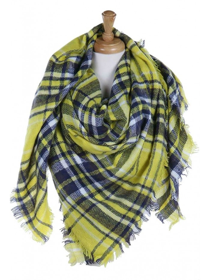 Plum Feathers Premium Plaid Pattern Knit Large Blanket Scarf with Fringes - Yellow Tartan Plaid - CO188OT5GC0