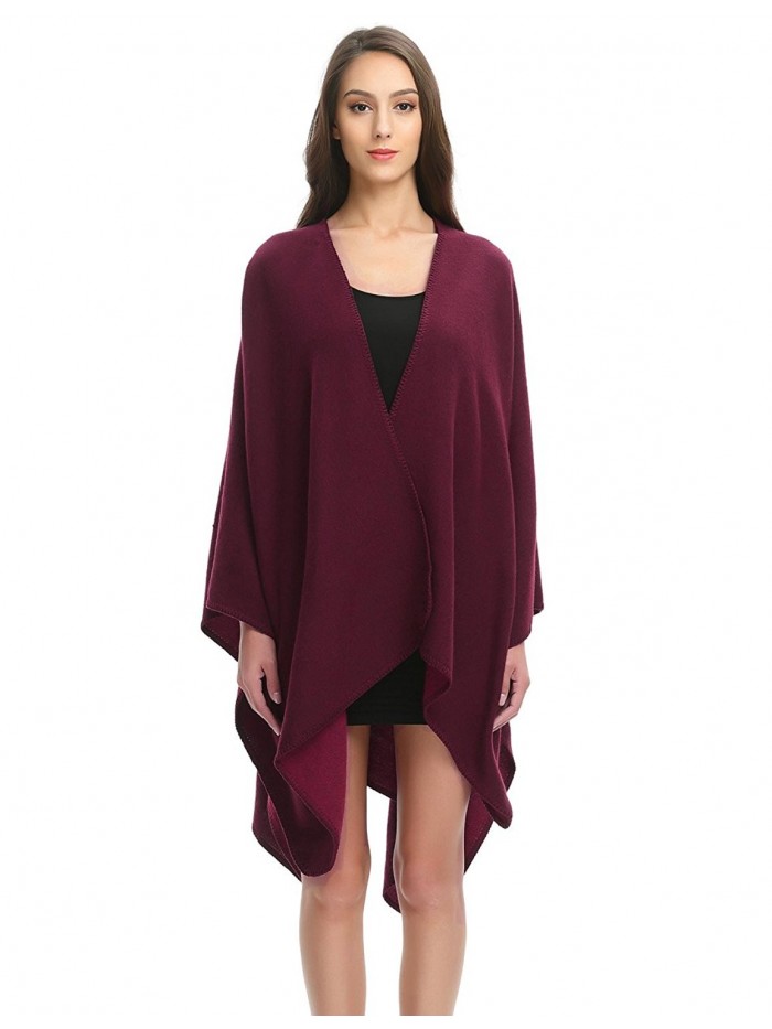 Ferand Elegant Open Front Thick Poncho Cape Knit Warm Shawl Wrap for Women - Style 1: Burgundy - C5186TWUERT