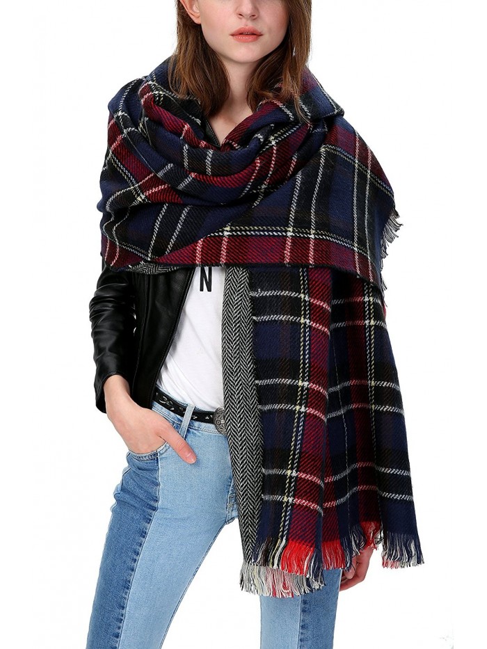 Urban CoCo Women's Tartan Plaid Blanket Scarf Winter Checked Wrap Shawl - Series 2 Navy - C7129ZAMQQR