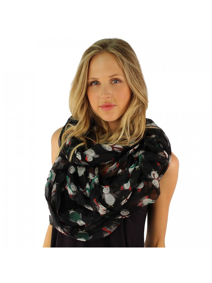 Light Soft Cute Fun Penguin Print Long Loop Wide Infinity Holiday Scarf - Black - CZ1266CHGMR