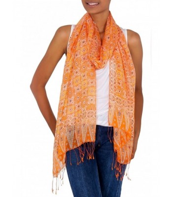 NOVICA Orange Hand Made Floral 100% Silk Shawl- 'Ginger Jasmine' - CQ11D8Y3HAB