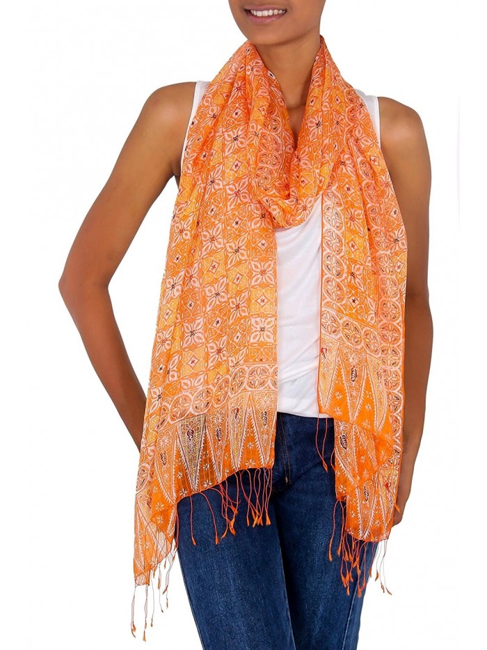 NOVICA Orange Hand Made Floral 100% Silk Shawl- 'Ginger Jasmine' - CQ11D8Y3HAB