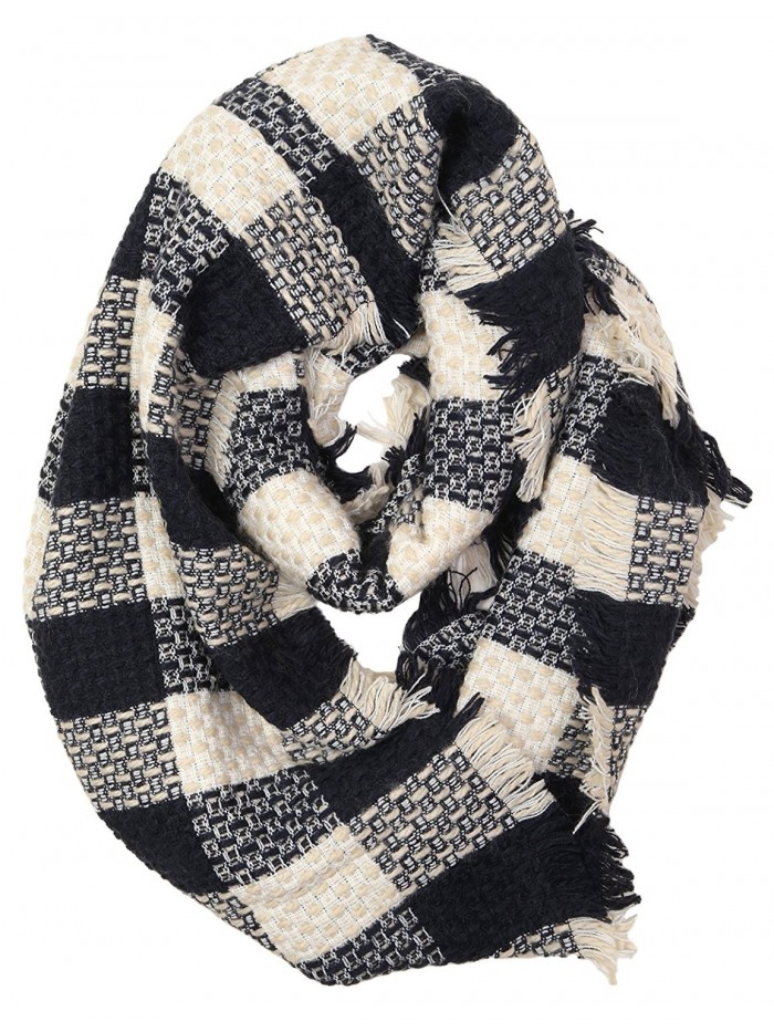 Funky Junque's Plaid Woven Checker Print Frayed Edge Winter Infinity Loop Scarf - Navy - CK12MA146RS