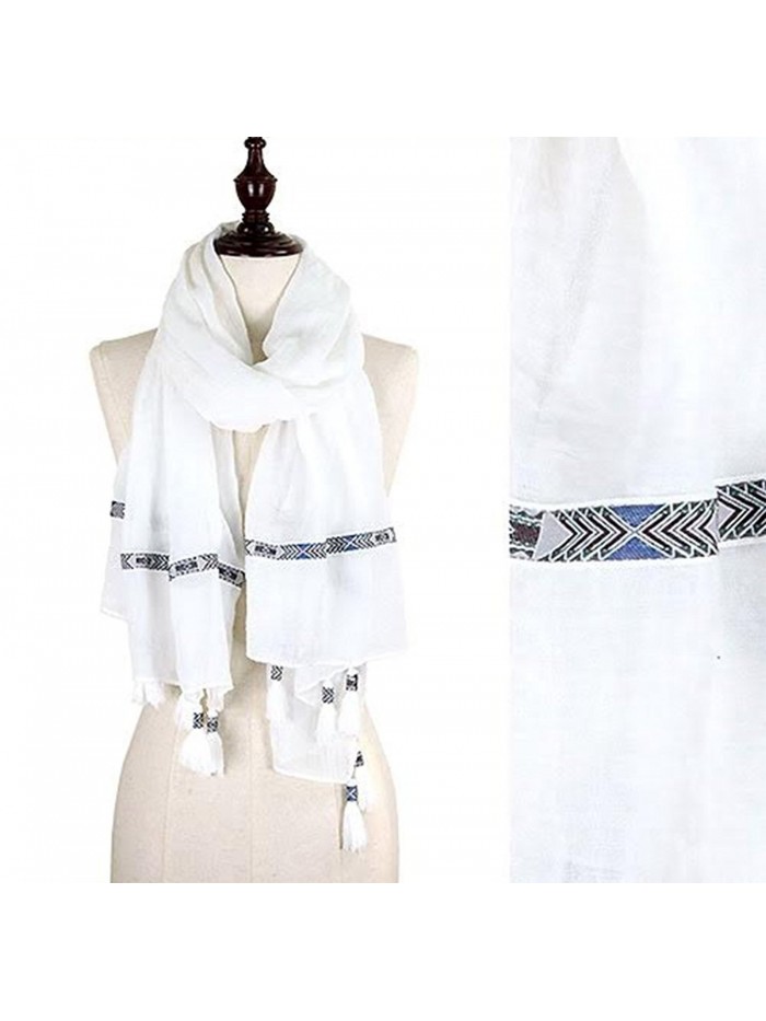 StylesILove Tribal Ribbon Tassel Wrap Scarf- 3 Colors - White - CR12CJM0Q6L
