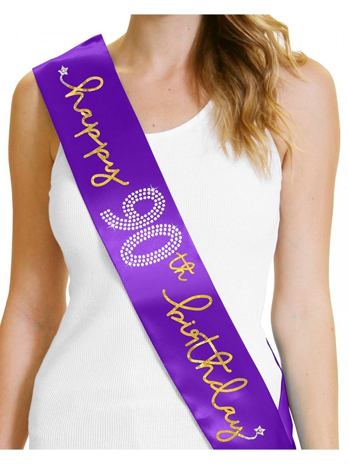 Birthday Girl "Happy 90th Birthday" Gold Foil & Rhinestone Sash - RhinestoneSash - Purple - CK12OBMUXS2