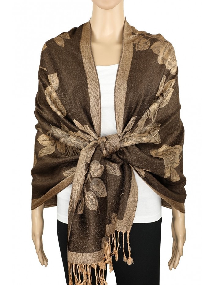 Achillea Two Tone Floral Roses Reversible Pashmina Scarf Shawl Wrap Stole 78" x 27" - Brown/Beige - CV1865KL3HE