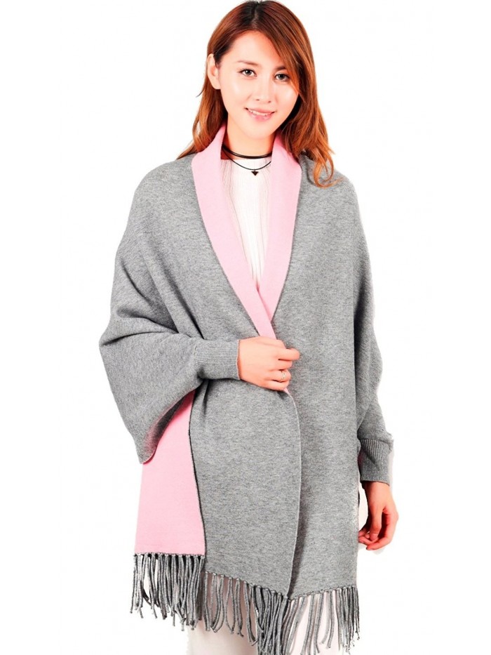 Women's Stylish Warm Blanket Wrap Shawl with Sleeves Scarf Neck Stole Pashmina Reversible Poncho Coat Grey/Pink - CK187ZRDAH6
