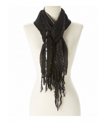 Women Lightweight Metallic Pleated Scarf Shwal Sequin Stripe Scarf Shwal with Fringes - 50 Black - CF12G4ALYMD