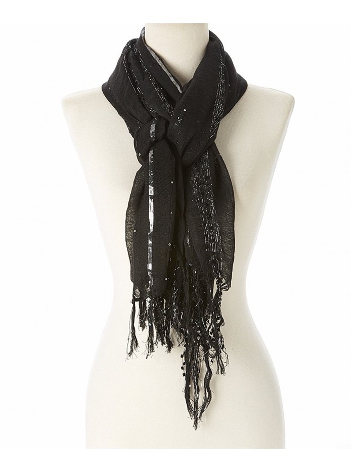 Women Lightweight Metallic Pleated Scarf Shwal Sequin Stripe Scarf Shwal with Fringes - 50 Black - CF12G4ALYMD