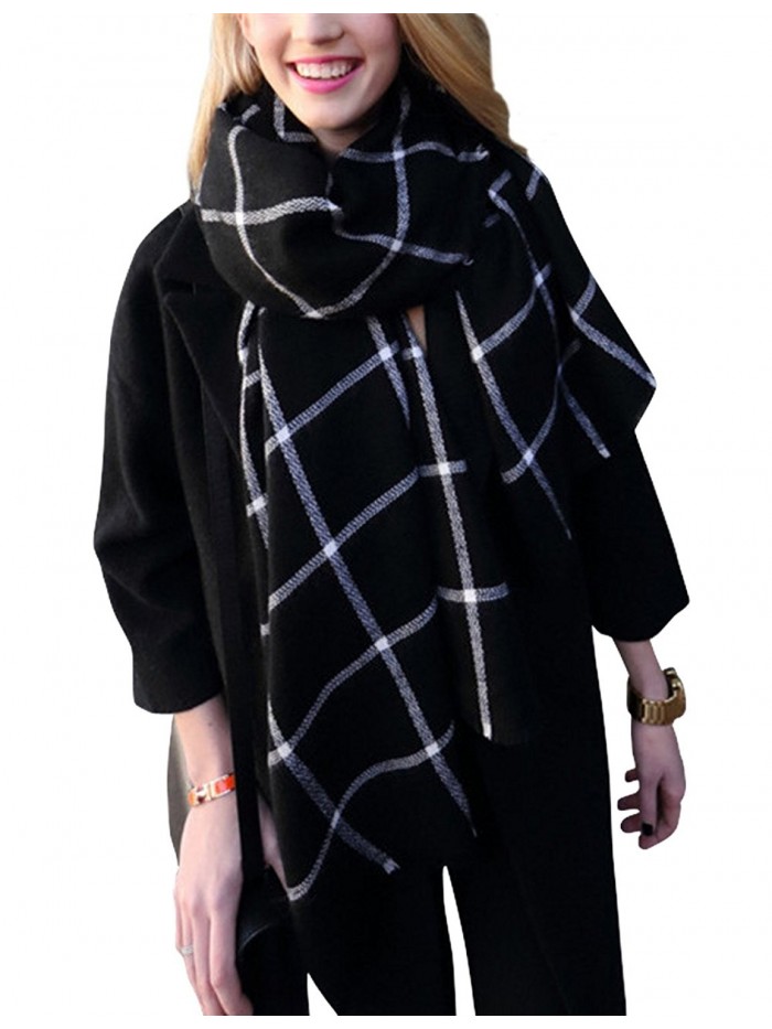 Bovene Women's Warm Plaid Blanket Scarf Winter Oversized Chunky Wrap Shawl Cape - Black - CK187MXUU3G