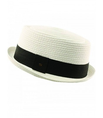 Men's Cool Summer Straw Pork Pie Derby Fedora Upturn Brim Hat - White - CP182AHYL3U