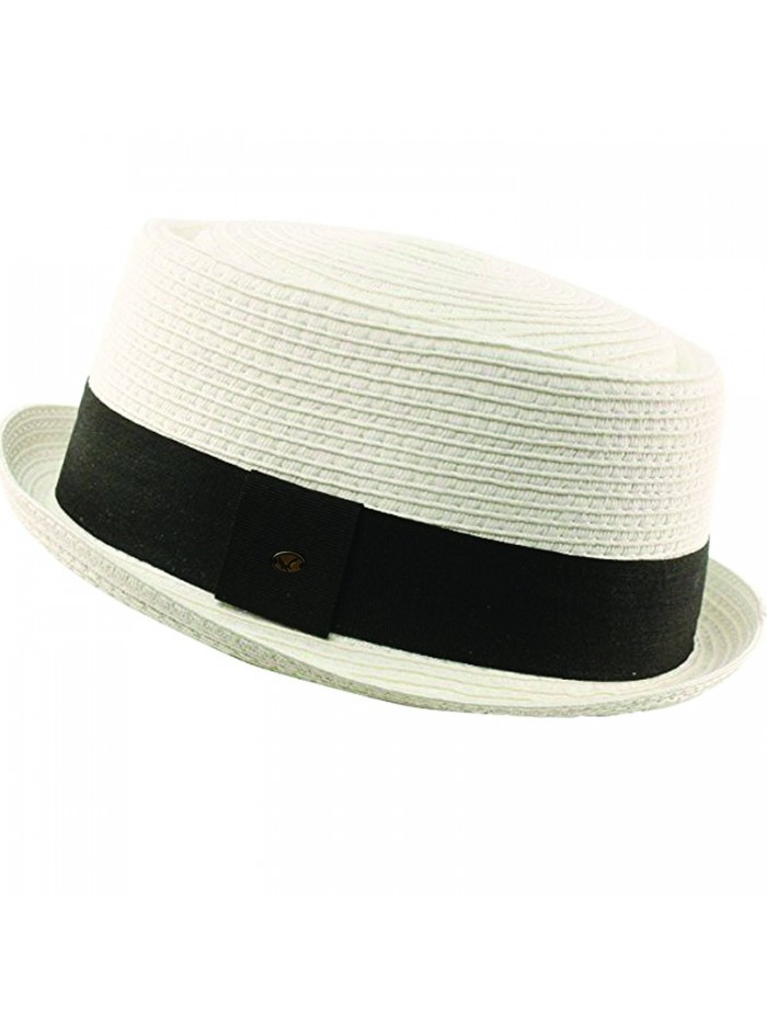 Men's Cool Summer Straw Pork Pie Derby Fedora Upturn Brim Hat - White - CP182AHYL3U