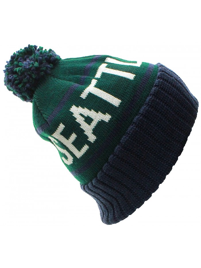 American Cities USA Favorite City Cuff Cable Knit Winter Pom Pom Beanie Hat Cap - Seattle - Green Blue - CF11Q2V6I5T