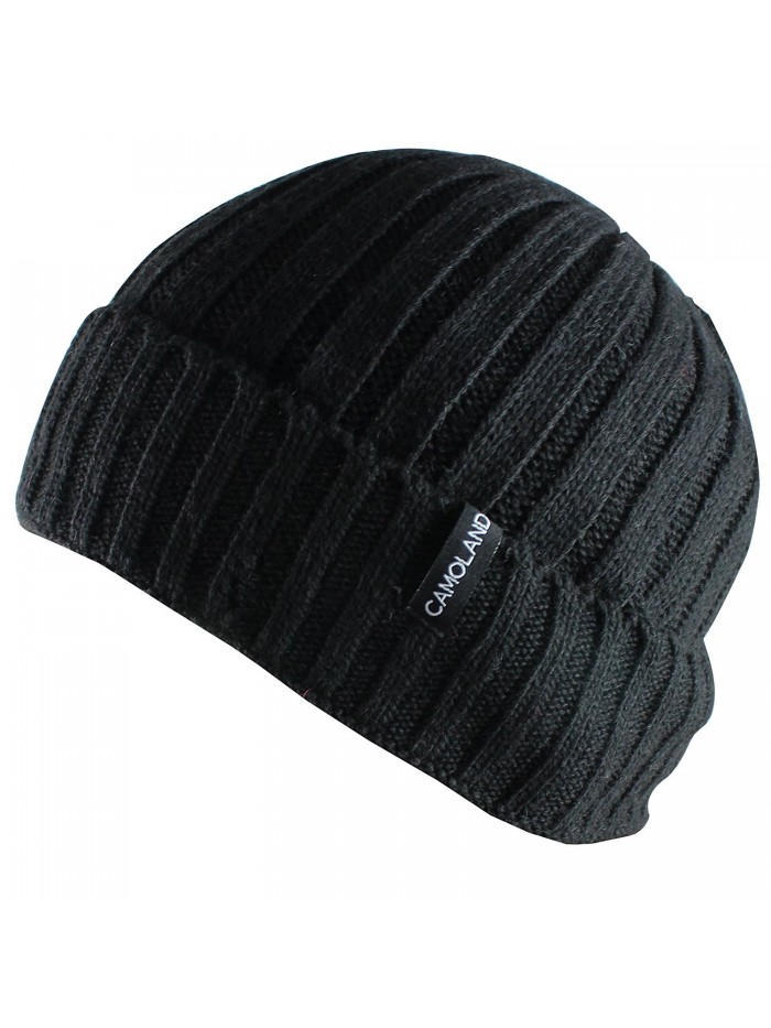 CAMOLAND Men's Fleece Wool Cable Knit Winter Beanie Hat - Black - CS1860UQ78C