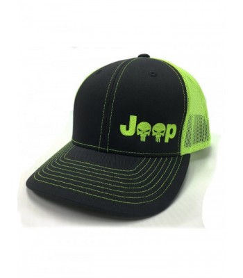 Jeep Logo With Punisher Skull Symbol Left Panel Embroidered Mesh/Twill Cap - Neon Green/Charcoal - C612D0KIGHR