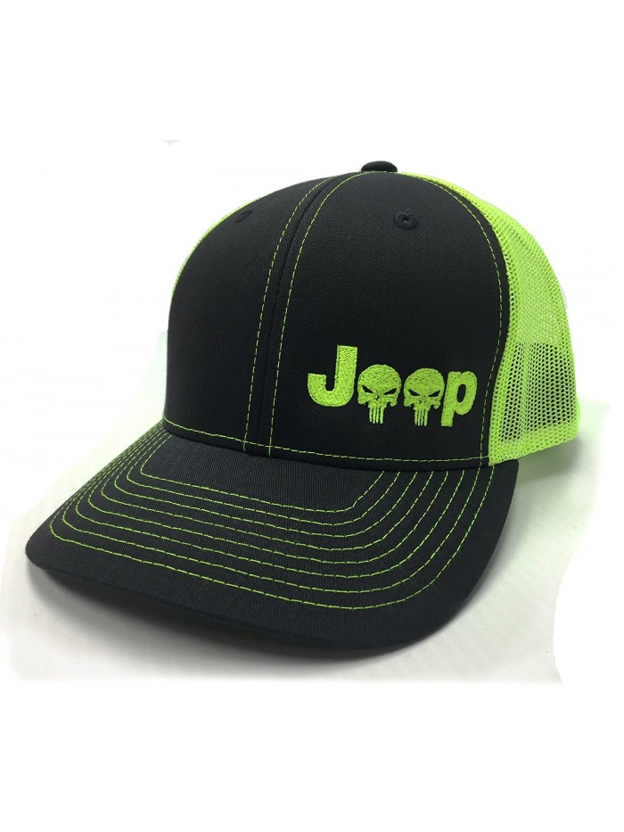 Jeep Logo With Punisher Skull Symbol Left Panel Embroidered Mesh/Twill Cap - Neon Green/Charcoal - C612D0KIGHR