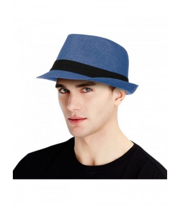 Straw Hat for Men Classic Manhattan Structured Summer Fedora Hat - Navy - C517Z3TEKTN