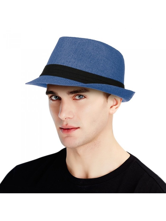Straw Hat for Men Classic Manhattan Structured Summer Fedora Hat - Navy - C517Z3TEKTN