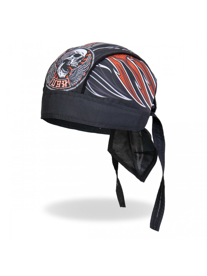 Stiches Wing Winged Skull Black Orange White Pinstripe Head Wrap Durag Biker - C112DAAABS1