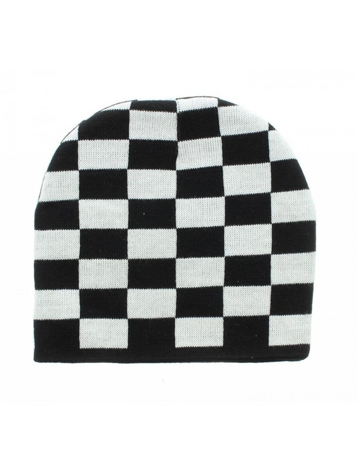Black & White Checkered Embroidered Beanie - Black - C311QDMYFHP