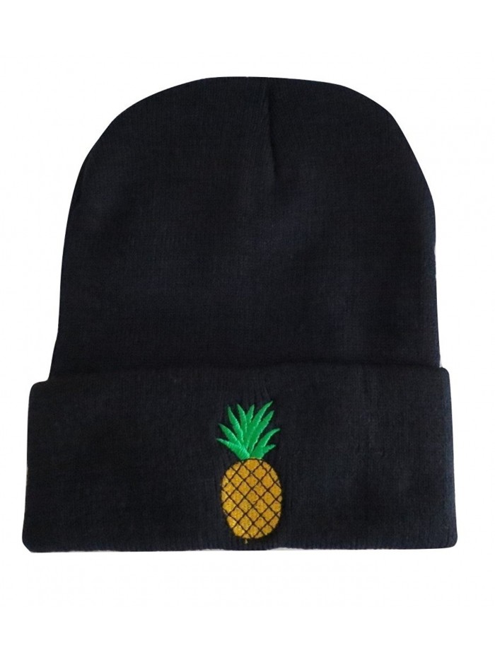 Pineapple Embroidered Knit Skull Cap Winter Hat Beanie by TrendyLuz - Black - CM186QAG6X8