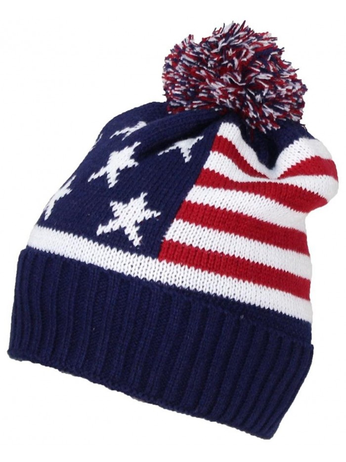 Best Winter Hats Adult American Flag Cuffed Knit Beanie W/Pom Pom (One Size) - CR188ZTIAOY