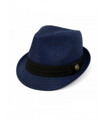 Textured Pattern Fashion Fedora with Black Band & Button - Navy - CJ17YH8O5DE