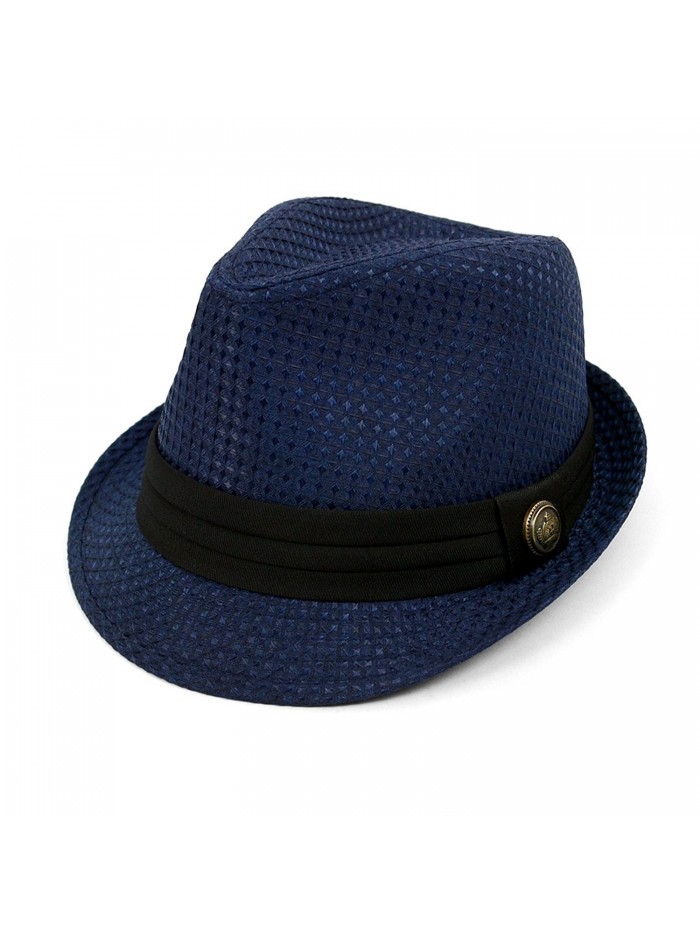 Textured Pattern Fashion Fedora with Black Band & Button - Navy - CJ17YH8O5DE