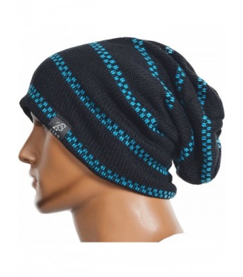 Z&s Mens Slouchy Stripe Beanie Knit Skull Cap Unisex Hat (6 Ccolor) - Black With Blue Stripe - CV11QQ8GAXR